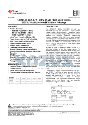 DAC6311 datasheet - 1.8V to 5.5V, 80mA, 8-, 10-, and 12-Bit, Low-Power, Single-Channel, DIGITAL-TO-ANALOG CONVERTERS in SC70 Package