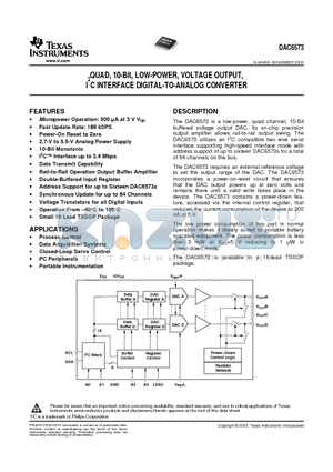 DAC6573 datasheet - QUAD, 10-Bit, LOW-POWER, VOLTAGE OUTPUT, I2C INTERFACE DIGITAL TO ANALOG CONVERTER