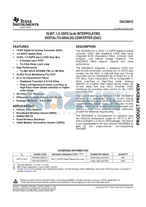 DAC5681Z datasheet - 16-BIT, 1.0 GSPS 2x-4x INTERPOLATING DIGITAL-TO-ANALOG CONVERTER (DAC)