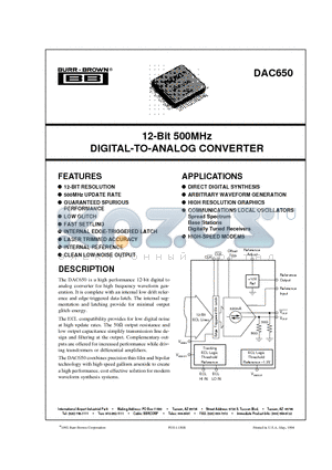 DAC650 datasheet - 12-Bit 500MHz DIGITAL-TO-ANALOG CONVERTER