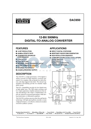 DAC650JL datasheet - 12-Bit 500MHz DIGITAL-TO-ANALOG CONVERTER