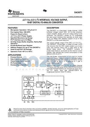 DAC6571 datasheet - 2.7 V to 5.5 V, I2C INTERFACE, VOLTAGE OUTPUT, 10-BIT DIGITAL-TO-ANALOG CONVERTER