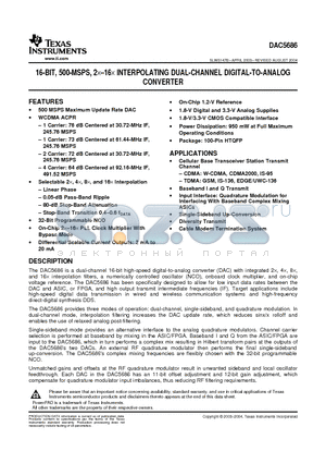 DAC5686IPZP datasheet - 16-BIT, 500-MSPS, 2X16X INTERPOLATING DUAL-CHANNEL DIGITAL-TO-ANALOG CONVERTER