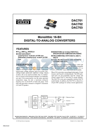 DAC703LH datasheet - Monolithic 16-Bit DIGITAL-TO-ANALOG CONVERTERS