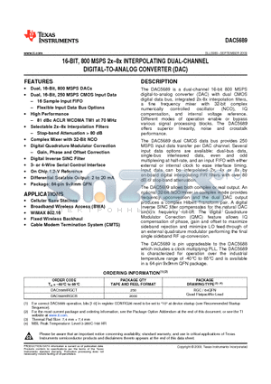 DAC5689 datasheet - 16-BIT 800 MSPS 2x-8x INTERPOLATING DUAL-CHANNEL DIGITAL-TO-ANALOG CONVERTER (DAC)