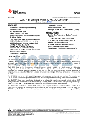 DAC5672IPFBRG4 datasheet - DUAL, 14-BIT 275 MSPS DIGITAL-TO-ANALOG CONVERTER