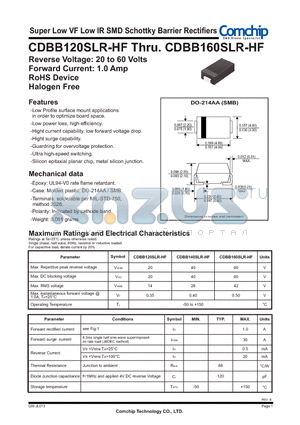 CDBB120SLR-HF datasheet - Super Low VF Low IR SMD Schottky Barrier Rectifiers