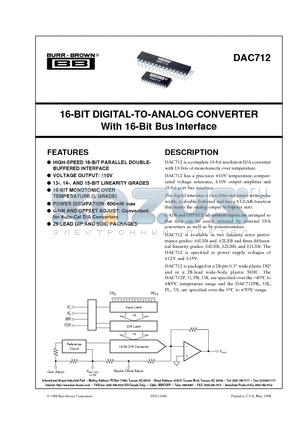 DAC712U datasheet - 16-BIT DIGITAL-TO-ANALOG CONVERTER With 16-Bit Bus Interface