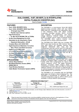 DAC5688IRGCTG4 datasheet - DUAL-CHANNEL, 16-BIT, 800 MSPS, 2x-8x INTERPOLATING DIGITAL-TO-ANALOG CONVERTER (DAC)