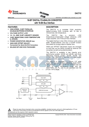DAC712UK/1K datasheet - 16-BIT DIGITAL-TO-ANALOG CONVERTER with 16-Bit Bus Interface