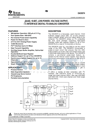 DAC6574 datasheet - QUAD, 10-BIT, LOW-POWER, VOLTAGE OUTPUT, IC INTERFACE DIGITAL-TO-ANALOG CONVERTER