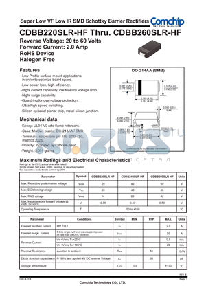 CDBB260SLR-HF datasheet - Super Low VF Low IR SMD Schottky Barrier Rectifiers