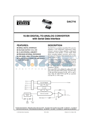 DAC716PK datasheet - 16-Bit DIGITAL-TO-ANALOG CONVERTER with Serial Data Interface