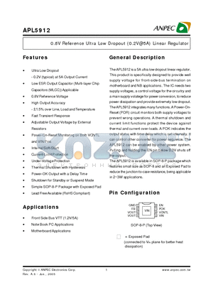 APL5912-KAC-TUL datasheet - 0.8V Reference Ultra Low Dropout (0.2V@5A) Linear Regulator