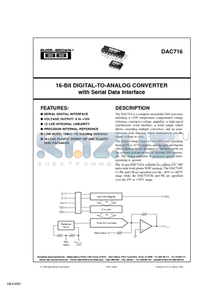 DAC716PKG4 datasheet - 16-Bit DIGITAL-TO-ANALOG CONVERTER with Serial Data Interface