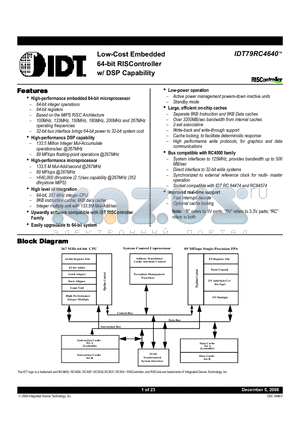 79R4640-133DUG datasheet - Low-Cost Embedded 64-bit RISController w/ DSP Capability