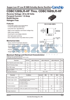 CDBC120SLR-HF datasheet - Supper Low VF Low IR SMD Schottky Barrier Rectifiers
