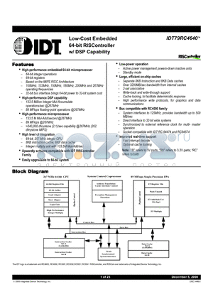79R4640-133DZI datasheet - Low-Cost Embedded 64-bit RISController w/ DSP Capability