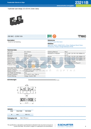 23211B datasheet - Fuseholder Open Design, 6.3 x 32 mm, Screw Clamp