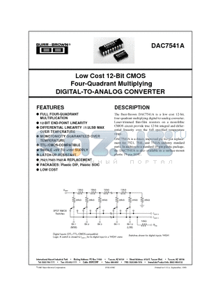 DAC7541 datasheet - Low Cost 12-Bit CMOS Four-Quadrant Multiplying DIGITAL-TO-ANALOG CONVERTER