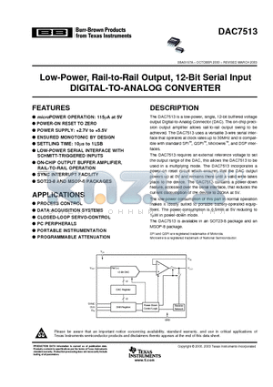 DAC7513N/250 datasheet - Low-Power, Rail-to-Rail Output, 12-Bit Serial Input DIGITAL-TO-ANALOG CONVERTER