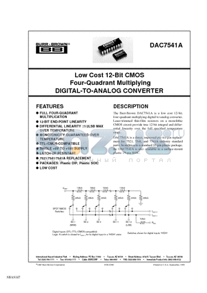 DAC7541AKU/1KG4 datasheet - Low Cost 12-Bit CMOS Four-Quadrant Multiplying DIGITAL-TO-ANALOG CONVERTER