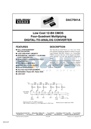 DAC7541AKP-BI datasheet - Low Cost 12-Bit CMOS Four-Quadrant Multiplying DIGITAL-TO-ANALOG CONVERTER