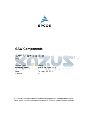 B1608 datasheet - SAW RF low loss filter