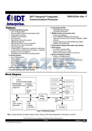 79RC32334-150BBI datasheet - IDT Interprise Integrated Communications Processor