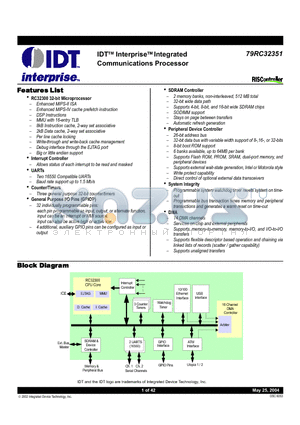 79RC32351 datasheet - IDT Interprise Integrated Communications Processor