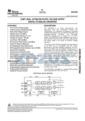 DAC7553IRGTR datasheet - 12-BIT, DUAL, ULTRALOW GLITCH, VOLTAGE OUTPUT DIGITAL-TO-ANALOG CONVERTER