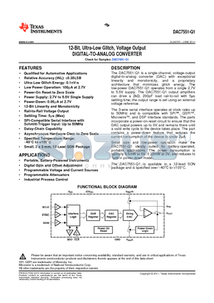 DAC7551-Q1 datasheet - 12-Bit, Ultra-Low Glitch, Voltage Output DIGITAL-TO-ANALOG CONVERTER