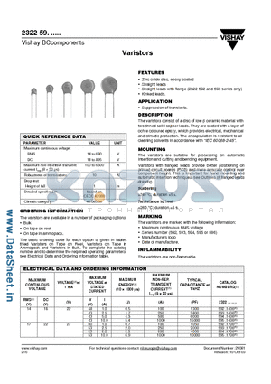 2322-592-3016 datasheet - The varistors consist of a disc of low-ceramic material with two tinned solid copper leads.