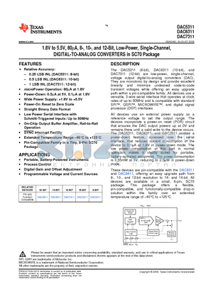 DAC7311 datasheet - 1.8V to 5.5V, 80mA, 8-, 10-, and 12-Bit, Low-Power, Single-Channel, DIGITAL-TO-ANALOG CONVERTERS in SC70 Package