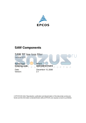 B1617 datasheet - SAW RF low loss filter