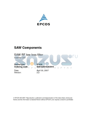 B1626 datasheet - SAW RF low loss filter