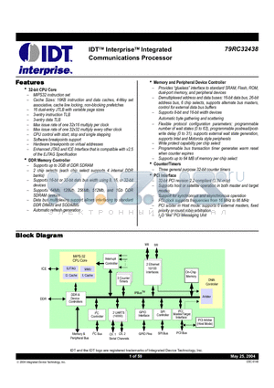79RC32K438-300BB datasheet - IDTTM InterpriseTM Integrated Communications Processor
