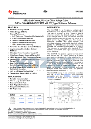 DAC7565IAPW datasheet - 12-Bit, Quad Channel, Ultra-Low Glitch, Voltage Output DIGITAL-TO-ANALOG CONVERTER with 2.5V, 2ppm/`C Internal Reference