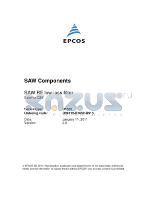 B1652 datasheet - SAW RF low loss filter Satellite CSS