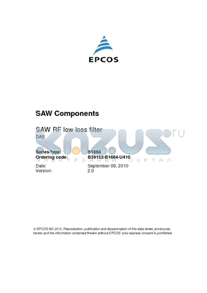 B1664 datasheet - SAW RF low loss filter DAB