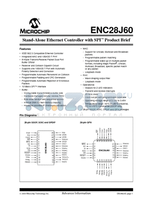 ENC28J60 datasheet - Stand-Alone Ethernet Controller with SPI Product Brief