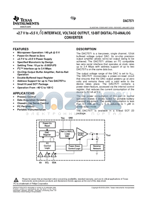 DAC7571IDBVT datasheet - 2.7 V TO 5.5V I2C INTERFACE, VOLTAGE OUTPUT, 12-BIT DIGITAL-TO-ANALOG CONVERTER