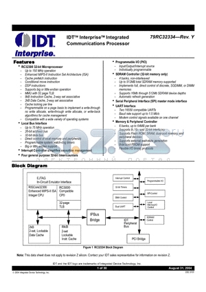 79RC32334-150BB datasheet - IDT Interprise Integrated Communications Processor