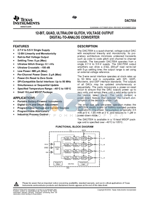 DAC7554IDGS datasheet - 12-BIT, QUAD, ULTRALOW GLITCH, VOLTAGE OUTPUT DIGITAL-TO-ANALOG CONVERTER