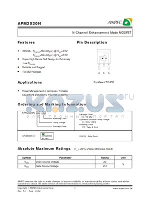 APM2030NUC-TR datasheet - N-Channel Enhancement Mode MOSFET