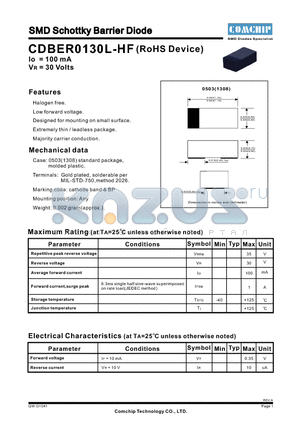 CDBER0130L-HF datasheet - SMD Schottky Barrier Diode