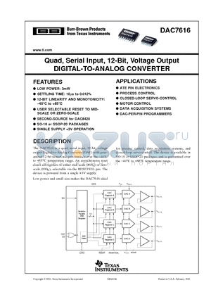 DAC7616U datasheet - Quad, Serial Input, 12-Bit, Voltage Output DIGITAL-TO-ANALOG CONVERTER