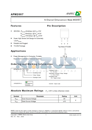 APM2007 datasheet - N-Channel Enhancement Mode MOSFET