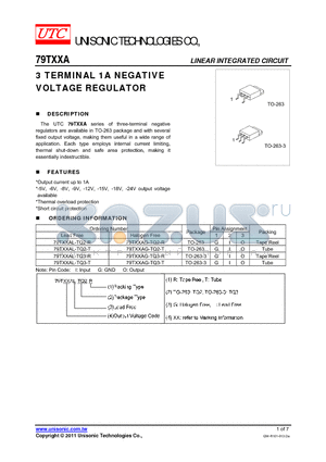 79TXXAG-TQ2-T datasheet - 3 TERMINAL 1A NEGATIVE VOLTAGE REGULATOR