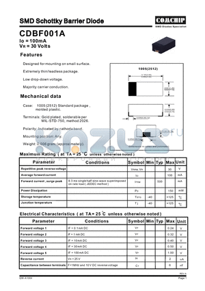 CDBF001A datasheet - SMD Schottky Barrier Diode